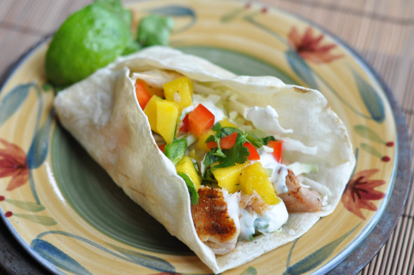 Grilled Fish Tacos with Mango Salsa and Cilantro Crema