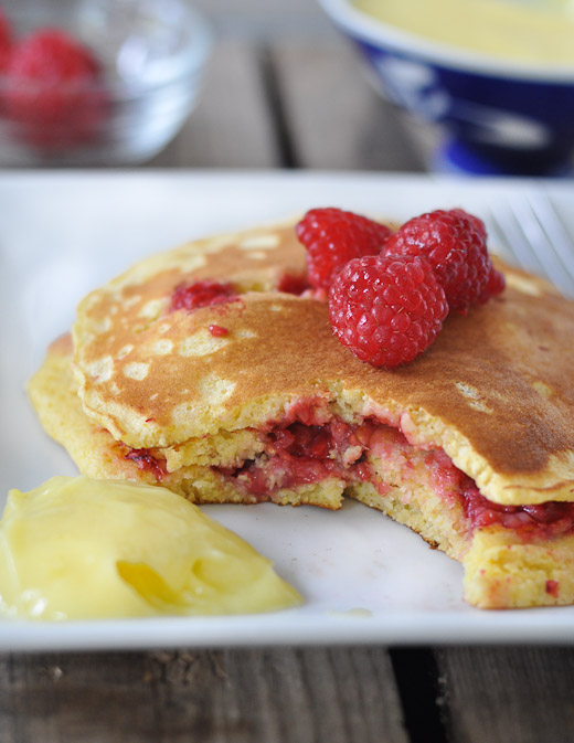 Raspberry Cornmeal Pancakes with Lemon Curd