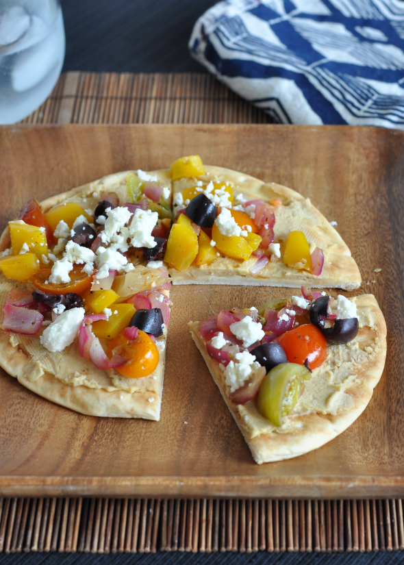 Vegetarian Hummus Pita Pizza