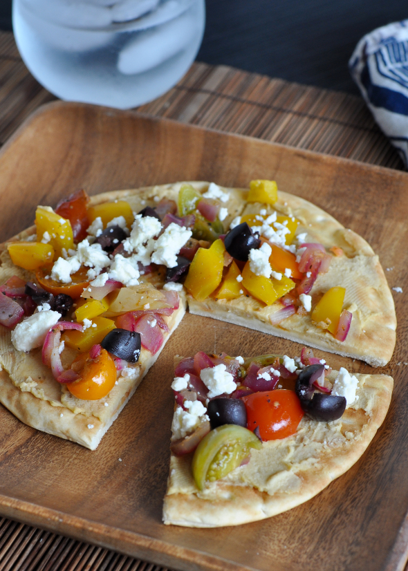 Vegetarian Hummus Pita Pizza