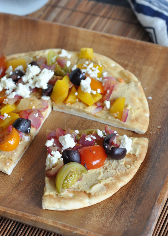 Vegetarian Hummus Pita Pizza