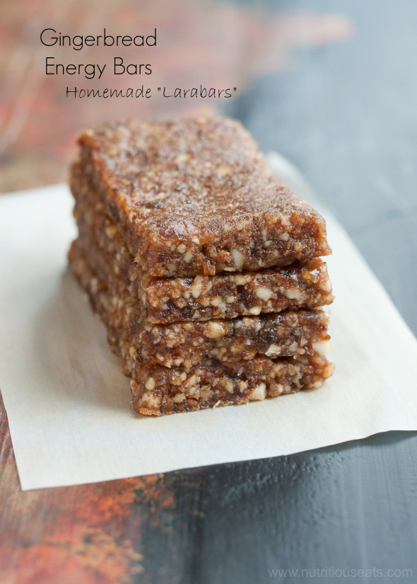 Gingerbread Energy Bars- aka. Homemade "Larabars" | www.nutritiouseats.com #glutenfree #paleo #vegan #raw