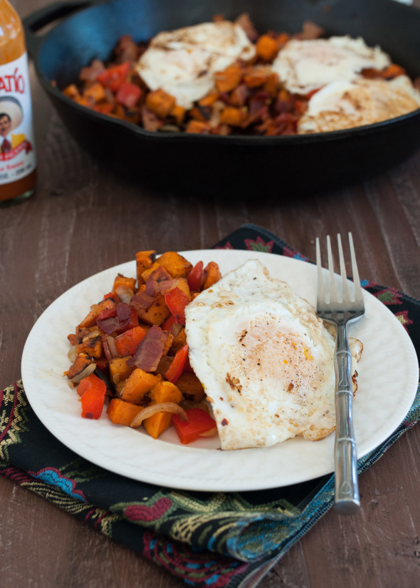 SCRAMBLED EGGS w SWEET POTATO HASH + BACON