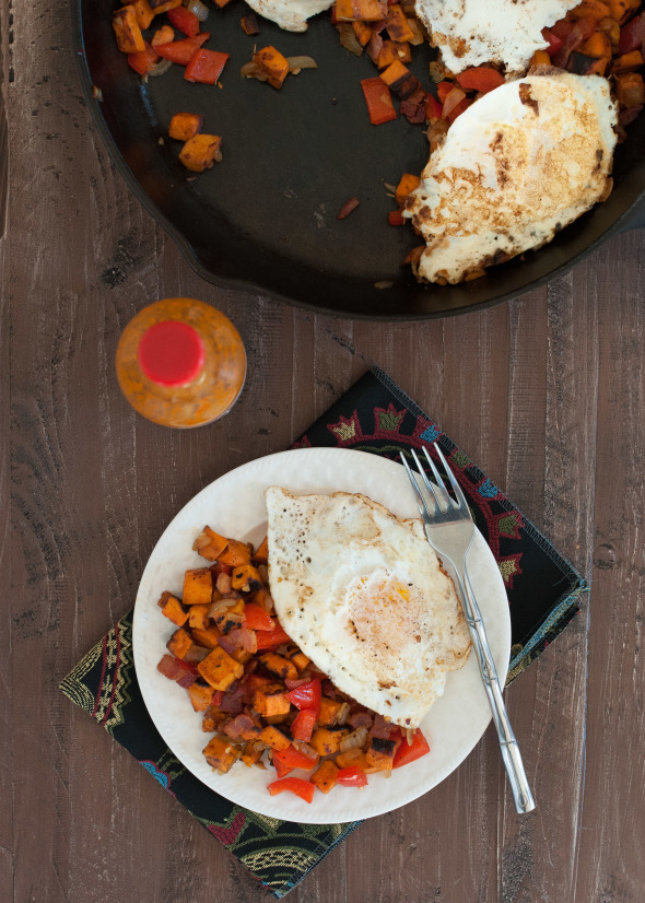 SCRAMBLED EGGS w SWEET POTATO HASH + BACON