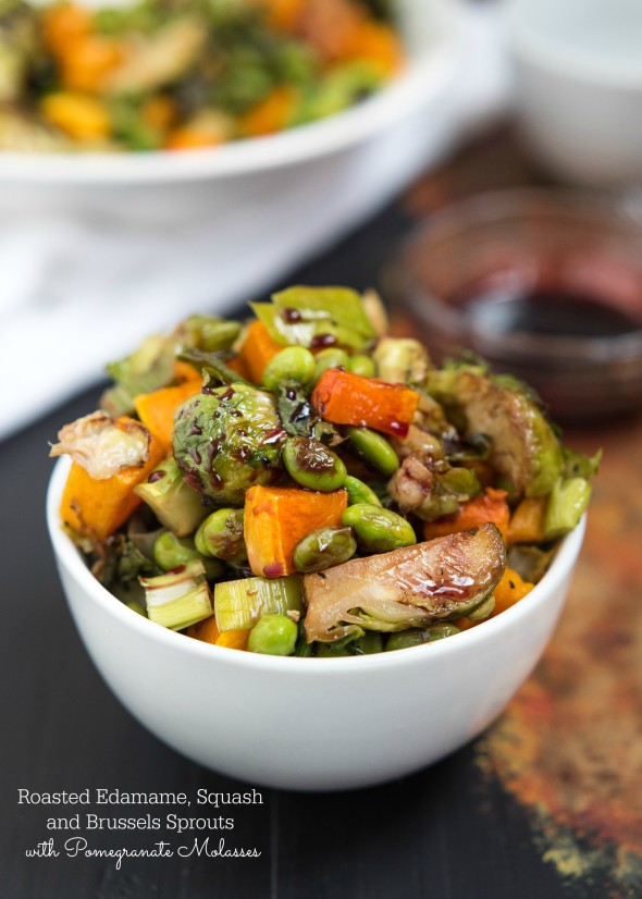 Roasted Edamame, Squash and Brussels Sprouts with Pomegranate Molasses- the perfect veggie side to bring to the Holiday table | Nutritious Eats