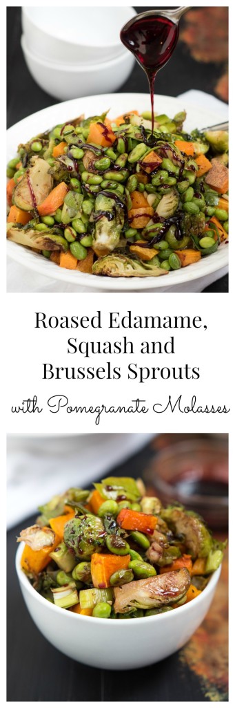 Roasted Edamame, Squash and Brussels Sprouts with Pomegranate Molasses- the perfect veggie side to bring to the Holiday table | Nutritious Eats