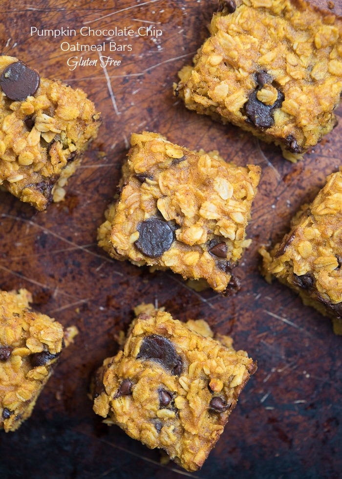 Pumpkin Chocolate Chip Oatmeal Bars- super simple, one-bowl, gluten-free oatmeal bars that make a great breakfast or snack | Nutritious Eats