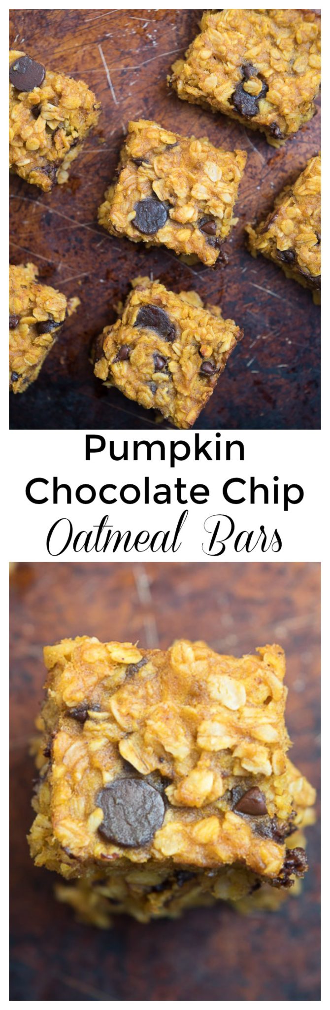 Pumpkin Chocolate Chip Oatmeal Bars- these simple, one mixing bowl bars are gluten free and a great whole grain breakfast or snack!