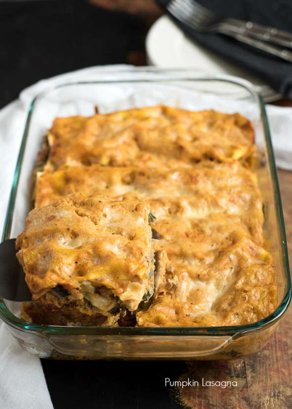 Pumpkin Lasagna- a fun twist on a classic favorite. This has a pumpkin sauce and is filled with turkey sausage, eggplant and kale. It makes a great Holiday dish. #PastaFits #AD | 