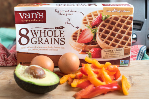 Avocado Egg Waffle with Peppers and Goat Cheese- whole grain waffles plus avocado, veggies and egg make a filling and savory breakfast or brunch | www.nutritiouseats.com