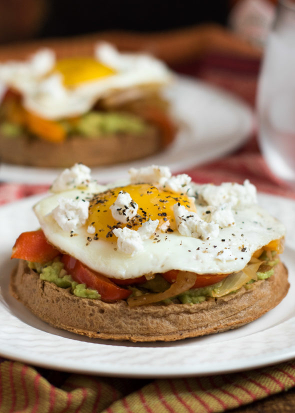 Avocado Egg Waffle with Peppers and Goat Cheese- whole grain waffles plus avocado, veggies and egg make a filling and savory breakfast or brunch | www.nutritiouseats.com