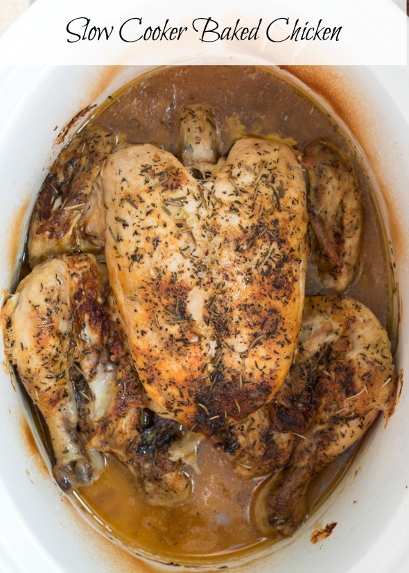 Slow Cooker Baked Chicken- a simple, juicy , fool-proof baked chicken recipe made in the slow cooker! www.nutritiouseats.com