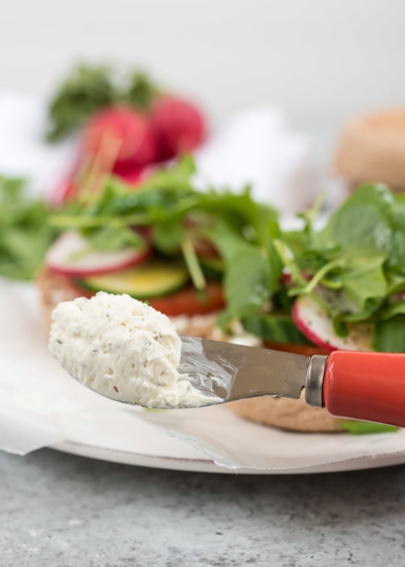 Open Face Veggie Cheese Toast With A Mustard Vinaigrette- Spreadable California cheese, topped with fresh spring veggies on a whole grain english muffin #ad | www.nutritiouseats.com 