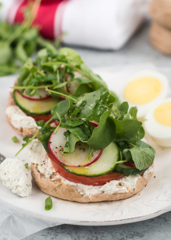 Open Face Veggie Cheese Toast With A Mustard Vinaigrette- Spreadable California cheese, topped with fresh spring veggies on a whole grain english muffin #ad | www.nutritiouseats.com 