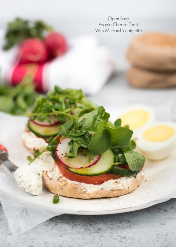 Open Face Veggie Cheese Toast With A Mustard Vinaigrette- Spreadable California cheese, topped with fresh spring veggies on a whole grain english muffin #ad | www.nutritiouseats.com 