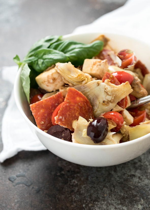 Antipasto Salad- perfect for 'Tapas night" at home or al fresco dining, picnic style! #glutenfree| www.nutritiouseats.com