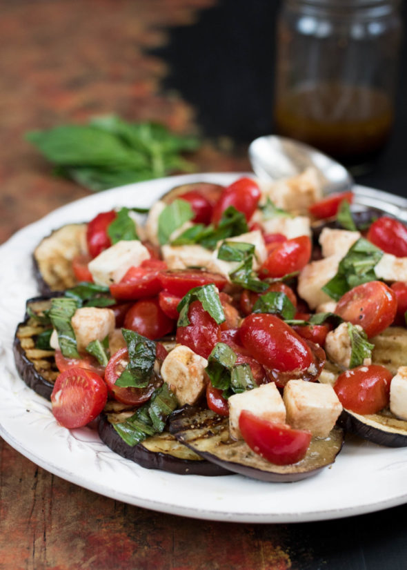 Caprese Salad Over Grilled Eggplant- a delicious summer side to pair with any meal #glutenfree | www.nutritiouseats.com