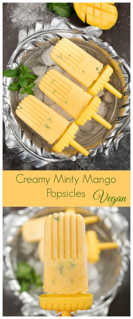 Creamy Minty Mango Popsicles- these lower sugar, simple 4 ingredient pops can be assembled in minutes and make a healthy treat! | www.nutritiouseats.com