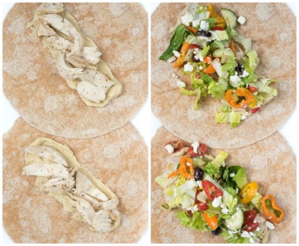 Mediterranean Chicken Wrap- Greek Salad, hummus and seasoned chicken make up this tasty wrap. Great for leftovers or a make-ahead meal! | www.nutritiouseats.com