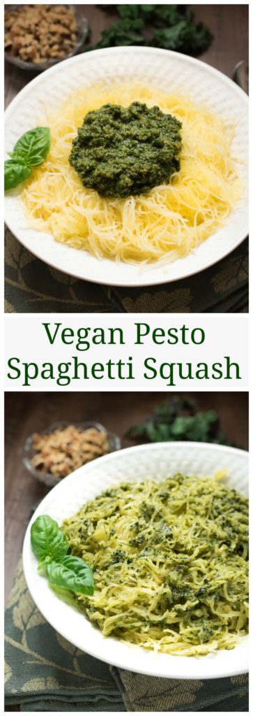 Vegan Pesto Spaghetti Squash- pesto is ready in less than 5 minutes! Pairs perfectly with a spaghetti squash for a nutritious side. | www.nutritiouseats.com