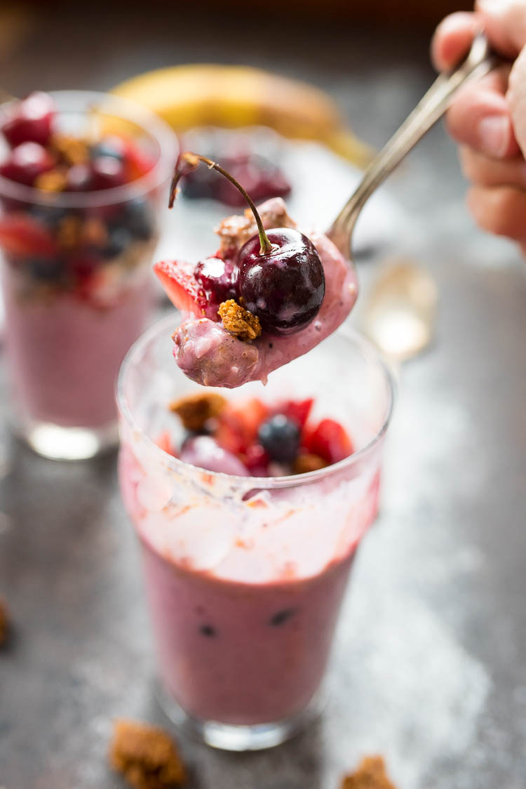 Berry Banana Smoothie- layered with Van's Foods Gluten Free snack bar, coconut and fruit, this makes a great breakfast or hearty snack #glutenfree | www.nutritiouseats.com