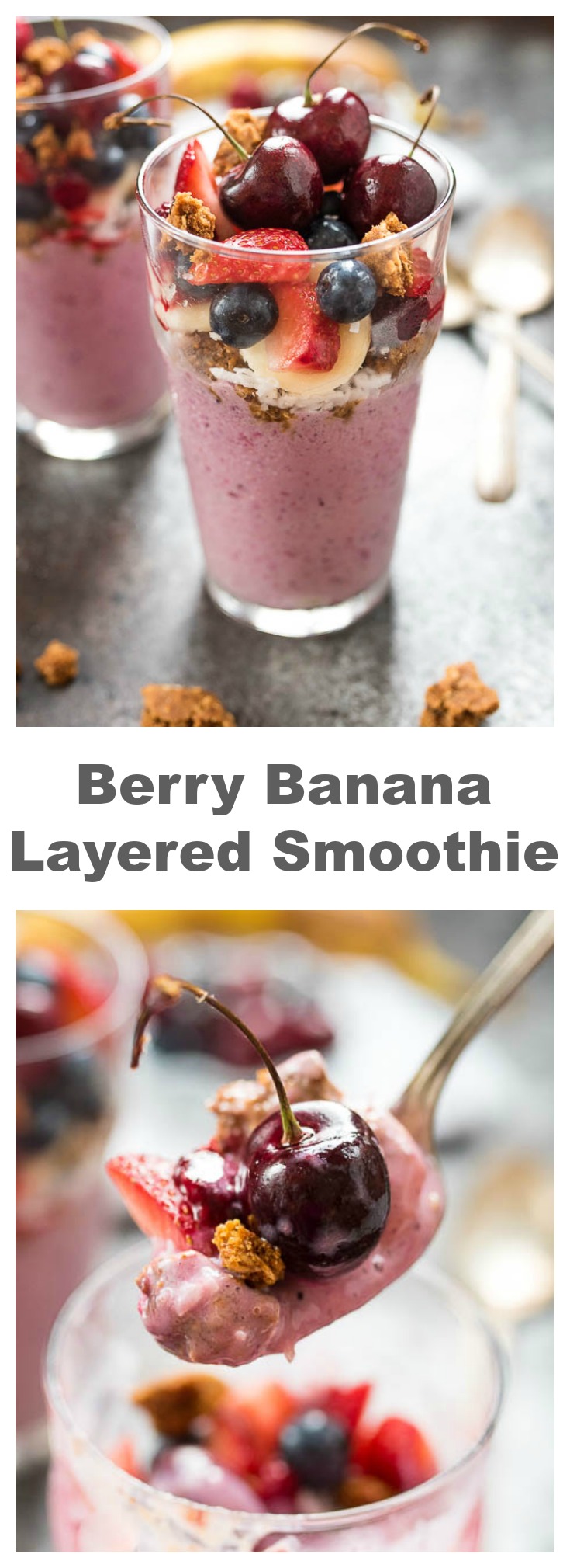 Berry Banana Smoothie- layered with Van's Foods Gluten Free snack bar, coconut and fruit, this makes a great breakfast or hearty snack #glutenfree | www.nutritiouseats.com