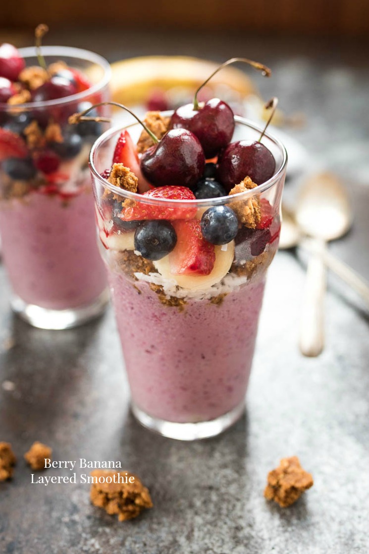 Berry Banana Smoothie- layered with Van's Foods Gluten Free snack bar, coconut and fruit, this makes a great breakfast or hearty snack #glutenfree | www.nutritiouseats.com