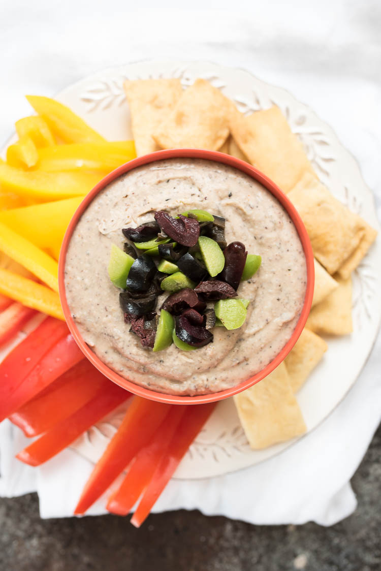 White Bean and Olive DIp- use this as a Veggie sandwich spread or a dip for crackers. Super easy to make with basic pantry ingredients. 