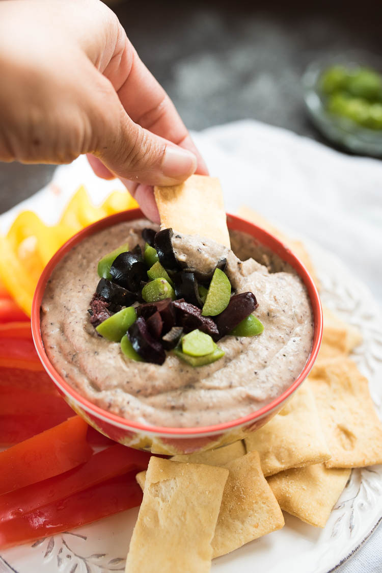 White Bean and Olive DIp- use this as a Veggie sandwich spread or a dip for crackers. Super easy to make with basic pantry ingredients. 