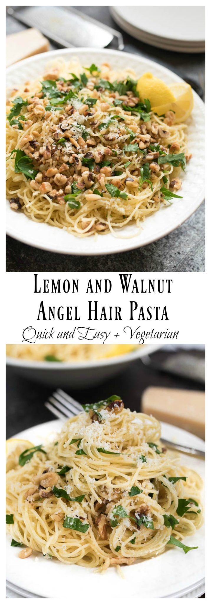 Lemon and Walnut Angel Hair Pasta- ready in less than 15 minutes + vegetarian. A simple weeknight side! | www.nutritiouseats.com