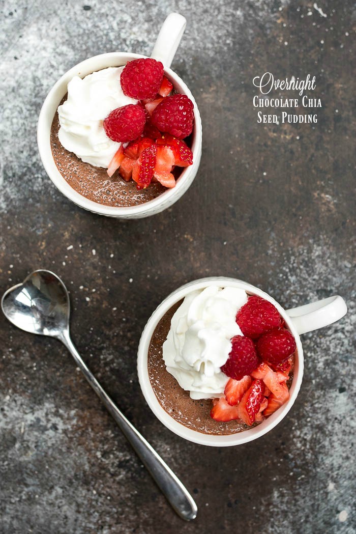 Overnight Chocolate Chia Seed Pudding- 4 simple ingredients and you have this yummy high fiber, high protein, vegan, gluten free breakfast or snack prepped in a few minutes the night before! | www.nutritiouseats.com