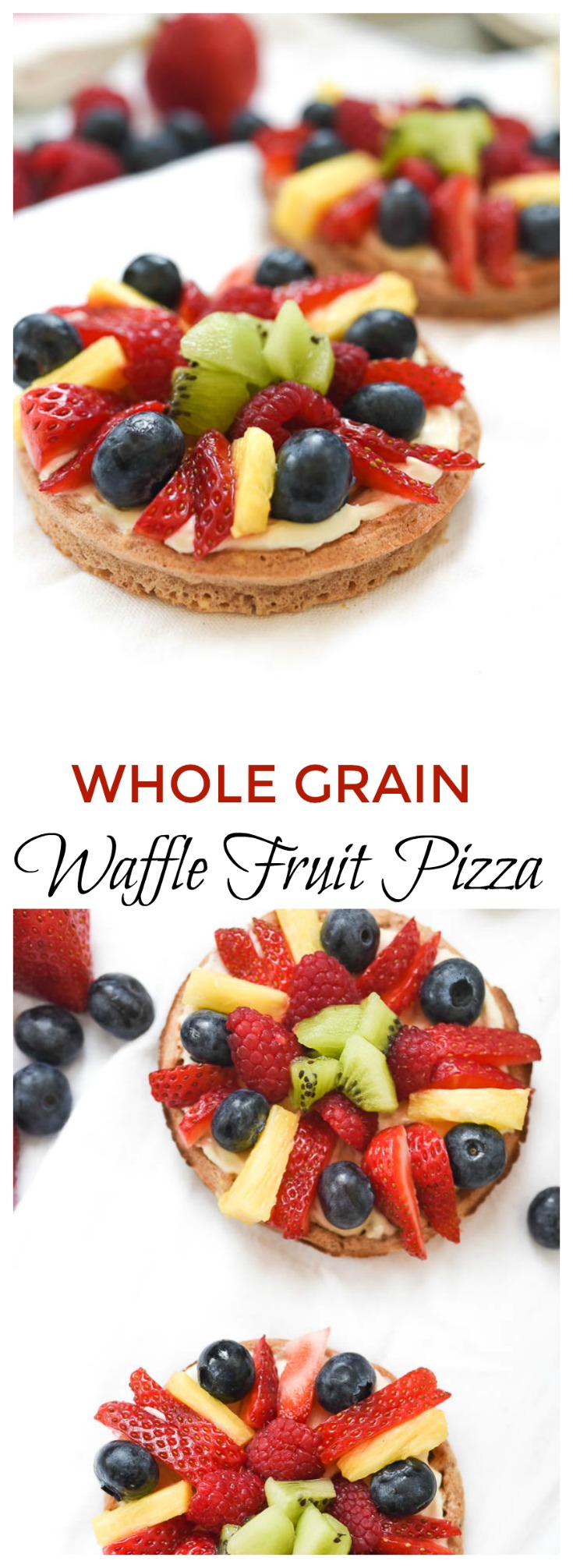 Whole Grain Waffle Fruit Pizza- this simple and fun balanced breakfast is great way to jazz up your waffles. Whipped vanilla cream cheese and all the fruit. #glutenfree | www.nutritiouseats.com