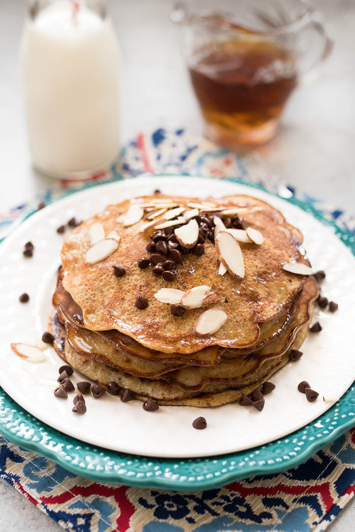 3 Ingredient Grain-Free Pancakes- high protein, dairy free, super simple to make. Top with your choice of toppings for a gluten-free, Paleo friendly breakfast! | www.nutritiouseats.com