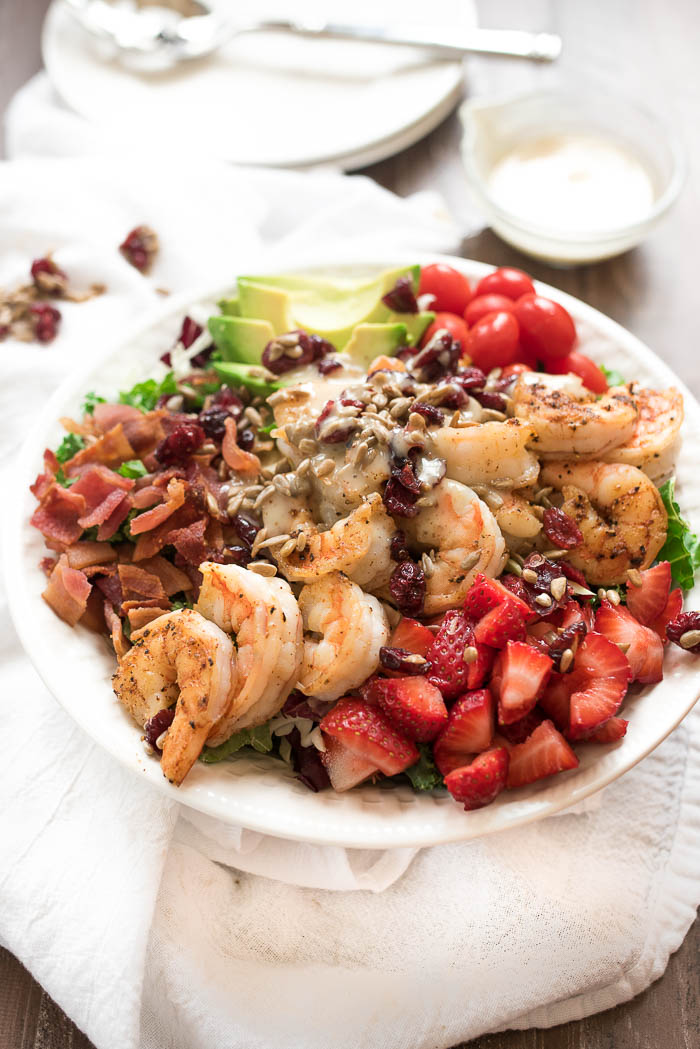 Chili Shrimp and Strawberry Salad with Honey Dijon Dressing- this simple, yet hearty salad is ready in under 15 minutes! #glutenfree #ad