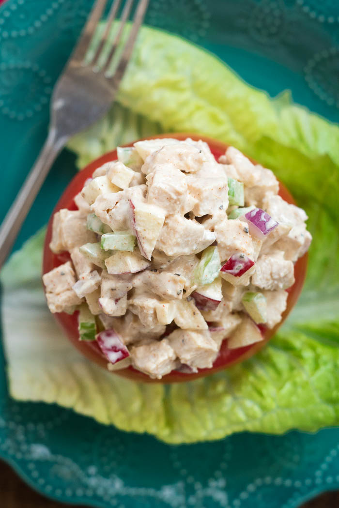 Cumin Chicken Salad Stuffed Tomatoes- delicious spiced chicken salad that can be enjoyed on bread, crackers or stuffed in an avocado, tomato or lettuce! #glutenfree | www.nutritiouseats.com