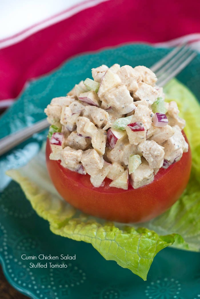 Cumin Chicken Salad Stuffed Tomatoes- delicious spiced chicken salad that can be enjoyed on bread, crackers or stuffed in an avocado, tomato or lettuce! #glutenfree | www.nutritiouseats.com