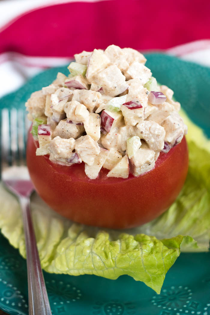 Cumin Chicken Salad Stuffed Tomatoes- delicious spiced chicken salad that can be enjoyed on bread, crackers or stuffed in an avocado, tomato or lettuce! #glutenfree | www.nutritiouseats.com