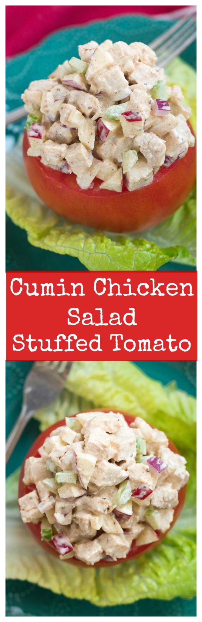 Cumin Chicken Salad Stuffed Tomatoes- delicious spiced chicken salad that can be enjoyed on bread, crackers or stuffed in an avocado, tomato or lettuce! #glutenfree | www.nutritiouseats.com