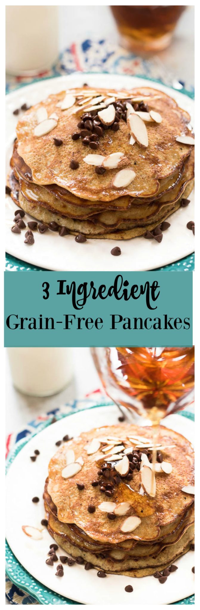 3 Ingredient Grain-Free Pancakes- high protein, dairy free, super simple to make. Top with your choice of toppings for a gluten-free, Paleo friendly breakfast! | www.nutritiouseats.com