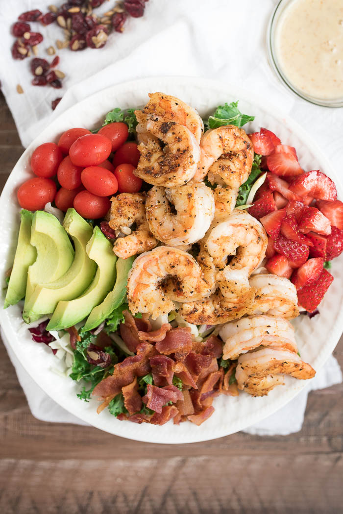 Chili Shrimp and Strawberry Salad with Honey Dijon Dressing- this simple, yet hearty salad is ready in under 15 minutes! #glutenfree #ad