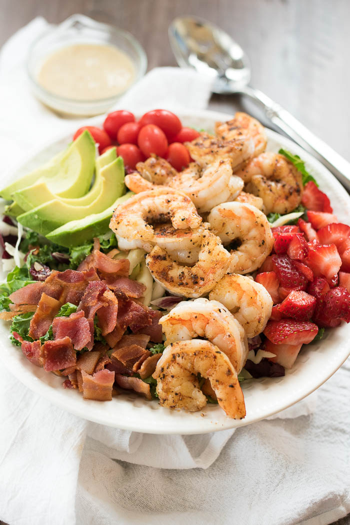 Chili Shrimp and Strawberry Salad with Honey Dijon Dressing- this simple, yet hearty salad is ready in under 15 minutes! #glutenfree #ad