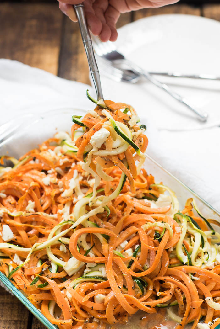 Coconut Spiralized Sweet Potato and Zucchini Bake with Goat Cheese- simple to prepare and great to pair with any protein #glutenfree and #Paleo friendly | www.nutritiouseats.com