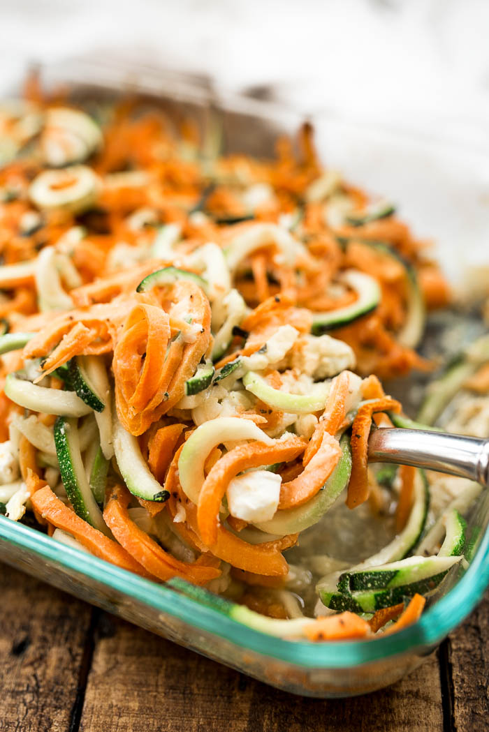 Coconut Spiralized Sweet Potato and Zucchini Bake with Goat Cheese- simple to prepare and great to pair with any protein #glutenfree and #Paleo friendly | www.nutritiouseats.com