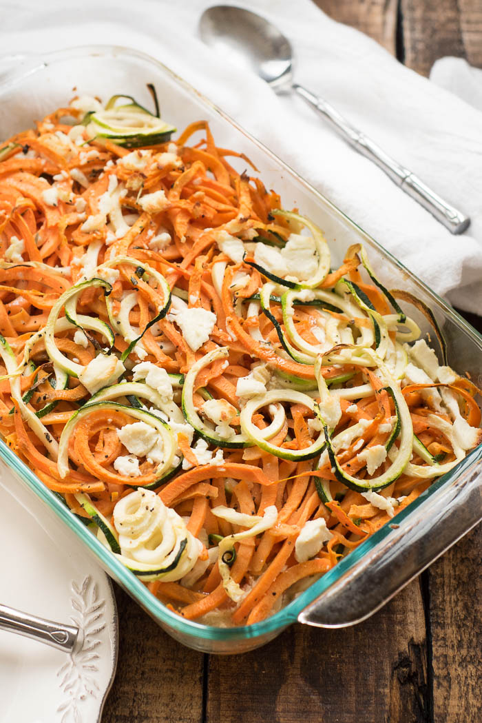 Coconut Spiralized Sweet Potato and Zucchini Bake with Goat Cheese- simple to prepare and great to pair with any protein #glutenfree and #Paleo friendly | www.nutritiouseats.com