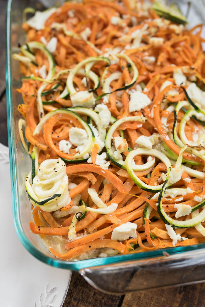 Coconut Spiralized Sweet Potato and Zucchini Bake with Goat Cheese- simple to prepare and great to pair with any protein #glutenfree and #Paleo friendly | www.nutritiouseats.com