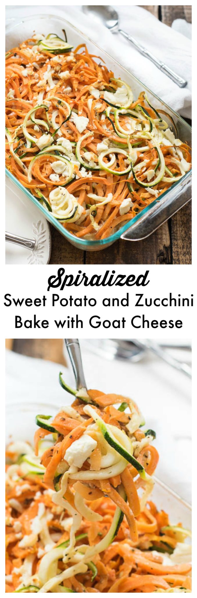 Coconut Spiralized Sweet Potato and Zucchini Bake with Goat Cheese- simple to prepare and great to pair with any protein #glutenfree and #Paleo friendly | www.nutritiouseats.com