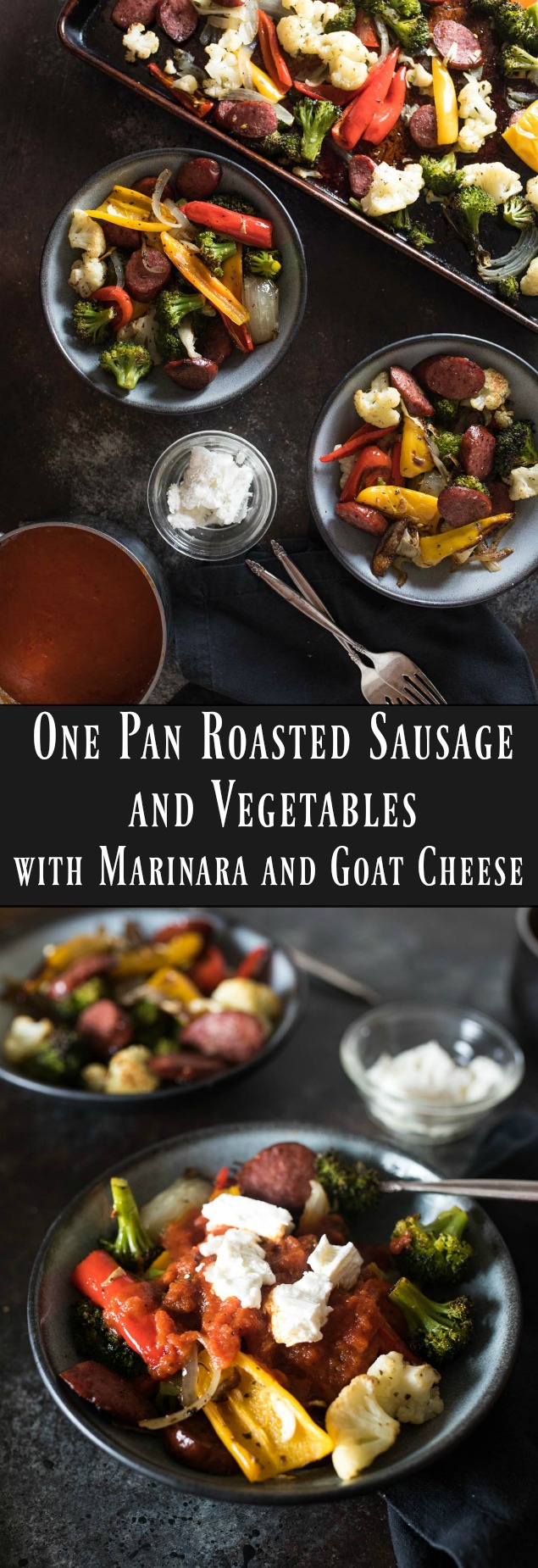 One Pan Roasted Sausage and Vegetables with Marinara and Goat Cheese is low calorie, gluten free and the answer to your dinner dilemma since it only takes a few minutes to prepare and the frees up time while it bakes in the oven.
