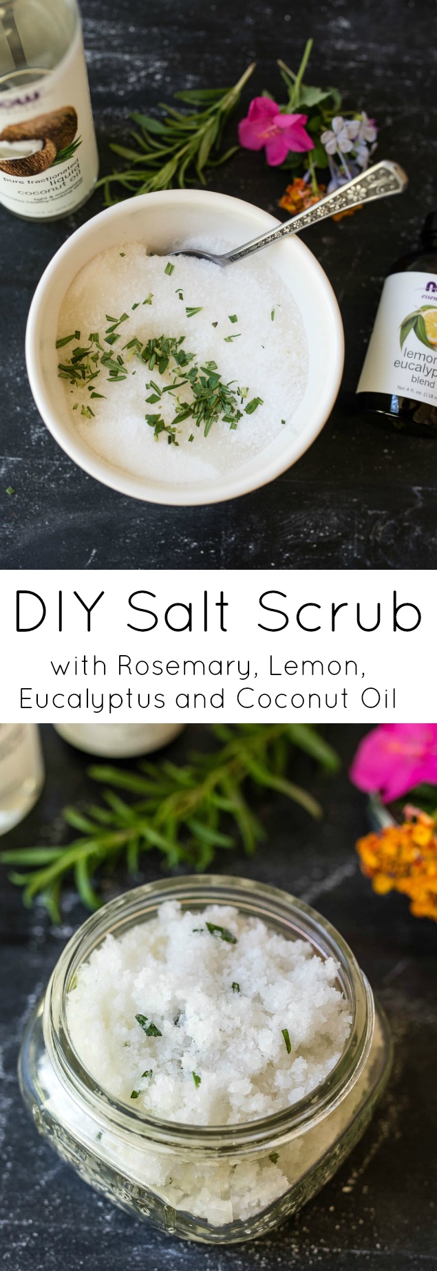 DIY Salt Scrub with coconut oil takes minutes to make and will leave your skin feeling exfoliated and super soft!
