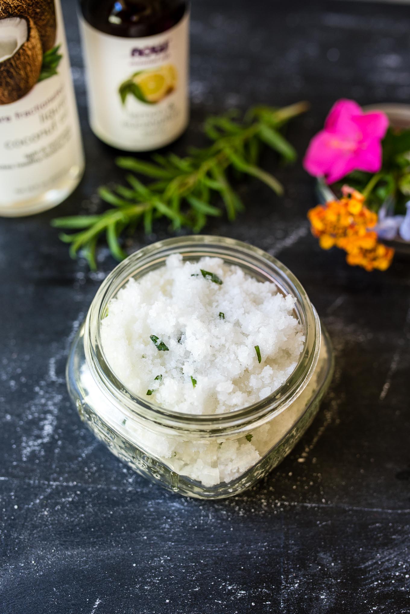 DIY Salt Scrub with coconut oil takes minutes to make and will leave your skin feeling exfoliated and super soft!