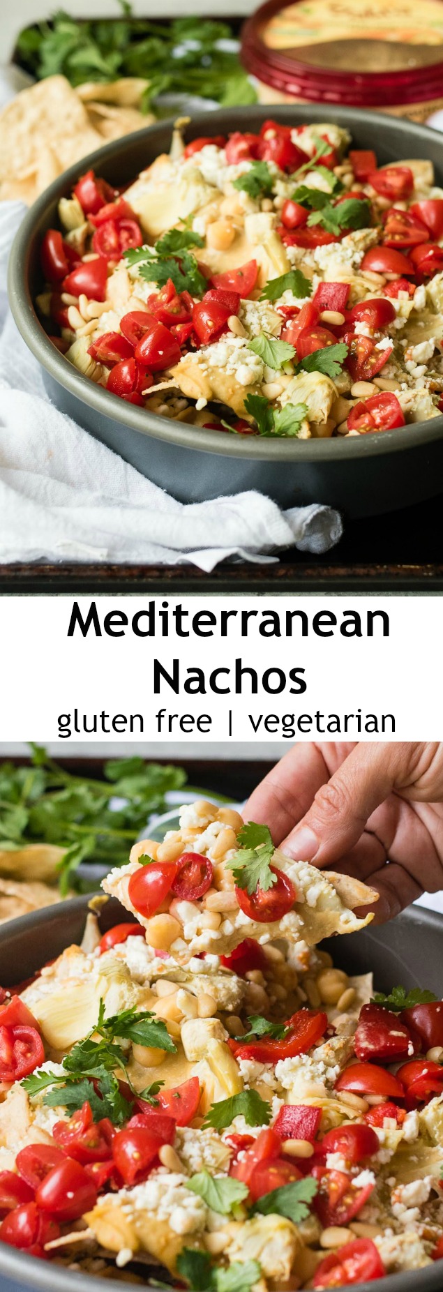 Mediterranean Nachos are a delicious gluten free and vegetarian snack/appetizer loaded with hummus, veggies, feta and more- a fun spin on the classic Tex Mex dish.